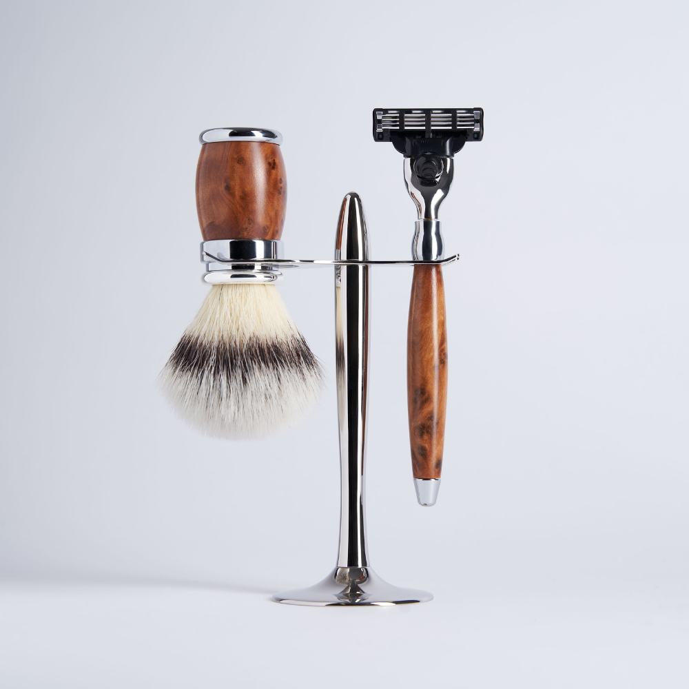 Set de 3 piezas Madera de Tuya Fibra "Blanco Alta Montaña" Rastrillo Mach3 Acabado Cromo