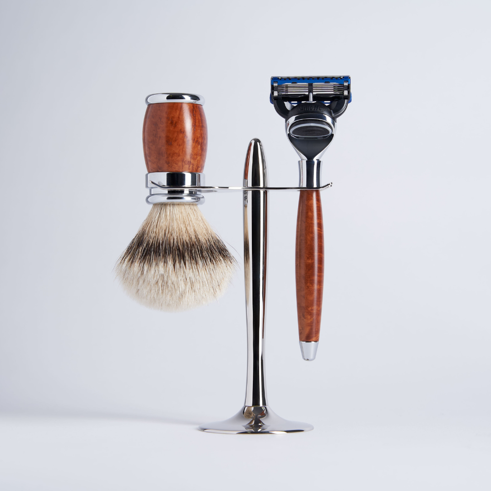 Set de 3 piezas de madera de tuya blanca de alta montaña con maquinilla de afeitar Fusion y acabado cromado