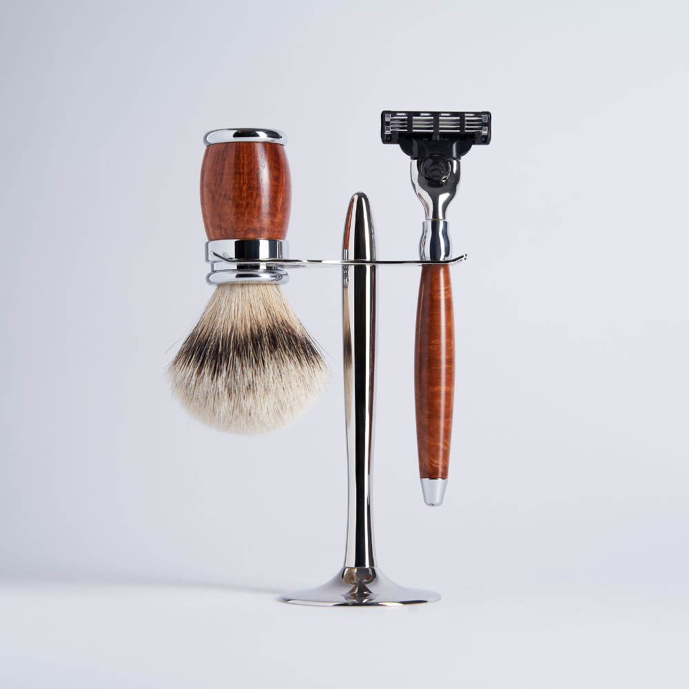 Set de 3 piezas de madera de tuya blanca de alta montaña con maquinilla de afeitar Mach3 con acabado cromado
